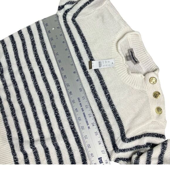 J Crew Sweater WMNS XS White Linen Blend Relaxed Beach Striped Gold Buttons - Picture 7 of 13
